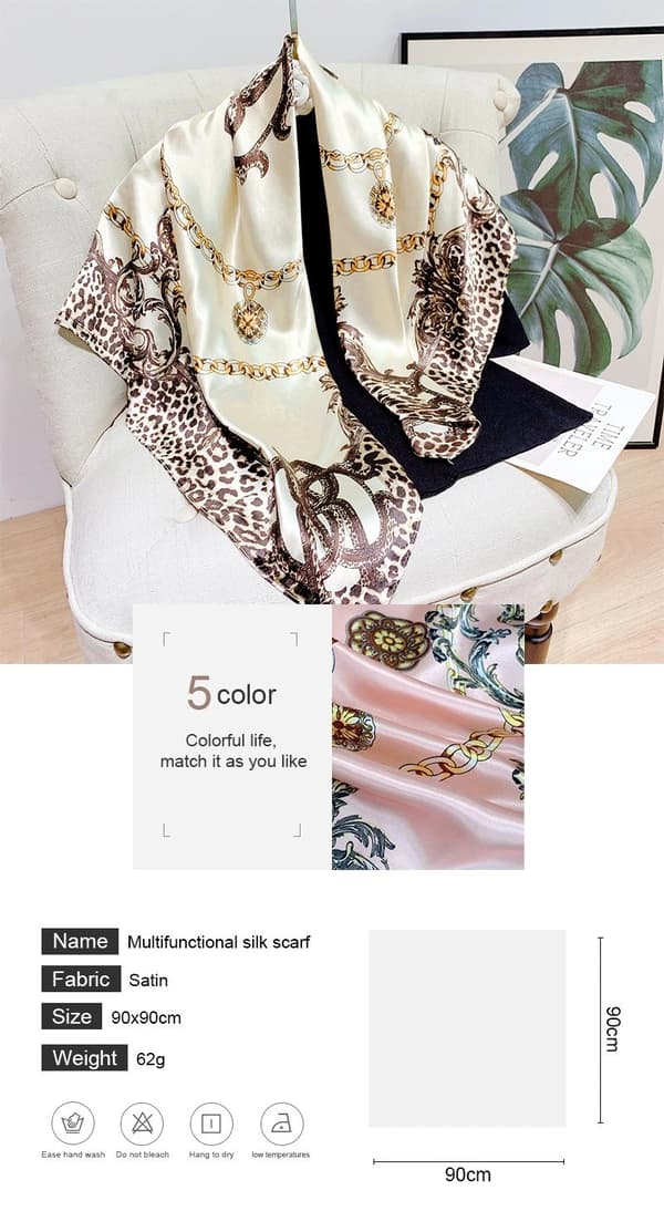 Luksuriøst dameskjerf i imitasjon av silke med leopardtrykk.