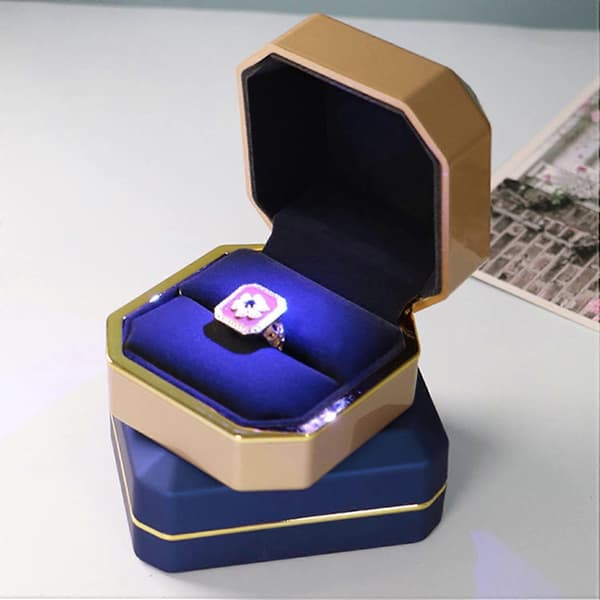 Luxury Ring Box, Velvet Ring Holder Jewelry Box Storage Gift Box with LED Light, Gold