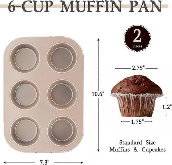 2-pak Jumbo Muffinsforme, Bageforme i Kulstofstål, Non-stick Cupcakeforme, 6-hullers Bageforme, Premium Bageudstyr, til Køkkenovn (Guld)