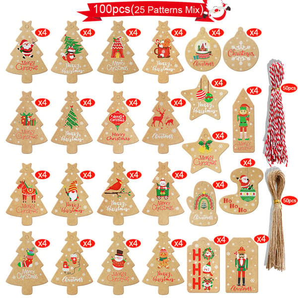 Julegavetagger 100 stk Julegavetagger for gave med 2 Tw