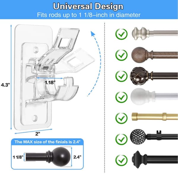 Self-adhesive curtain brackets without drilling, 8-pack with screws and wall plugs for kitchen and bathroom