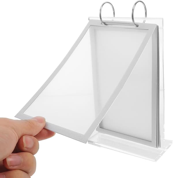 Akryl Flip Menu Display Stand med Base, A6 Papirholder (100mm X 148mm), Bordsskiltsholder