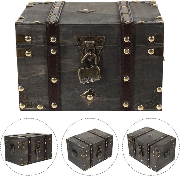 Wooden Treasure Chest with Combination Lock Large Retro Pirate Storage Box