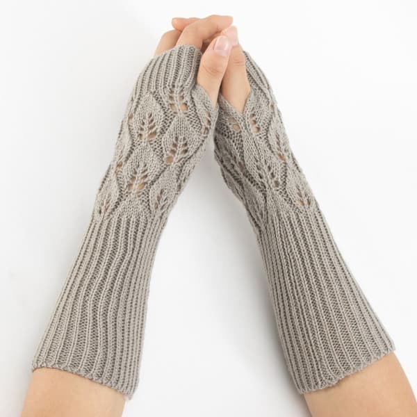 Women's Knitted Jacquard Leaf Pattern Gloves, Warm, Open Finger, Half Finger, Typi, Light Grey, KLB