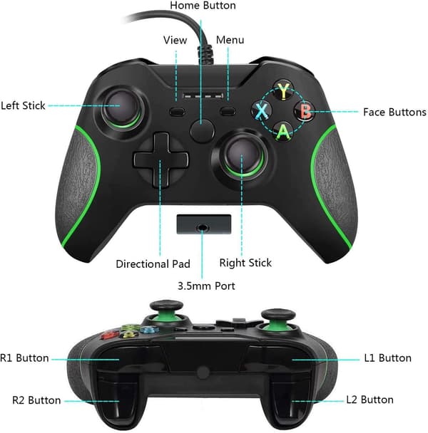 Kablet kontroller for Xbox One, dobbel vibrasjon USB Xbox One kablet spillkontroller for Xbox One PC Windows 7/8/10 (svart)