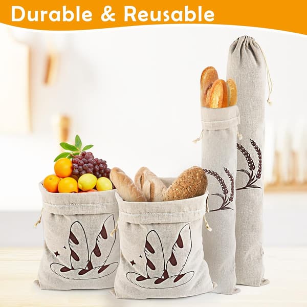 Sæt med 4 linnedbrødposer med snøre - Stofbrødpose til brød, baguette - 2 stk (30 x 40 cm) + 2 stk (14 x 60 cm)
