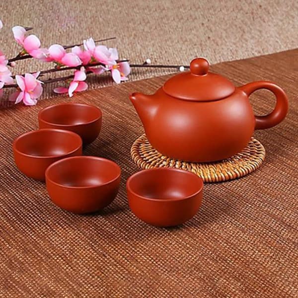Handmade Antique Purple Clay Teapot with 4 Cups, Ceramic Pu-erh Tea Brewing Pot