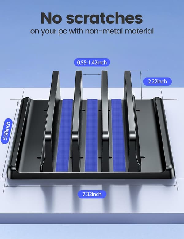 1 pc Vertical Laptop Stand 3 Slots, Laptop Holder for Desk with Adjustable Width, Office Desk Tablet Stand Space Saving - Black