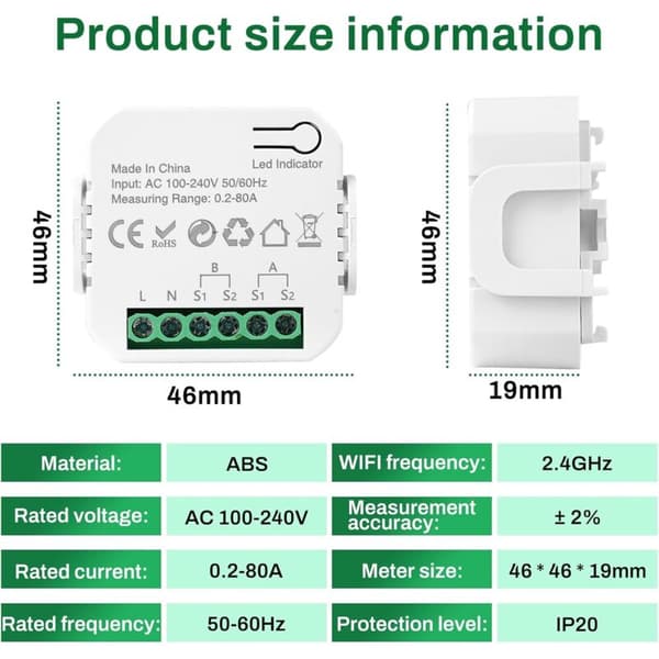 Smart Meter WiFi Energy Meter, 80A AC 100-240V WiFi Home Energy Meter Compatible with Tuya Smart Life