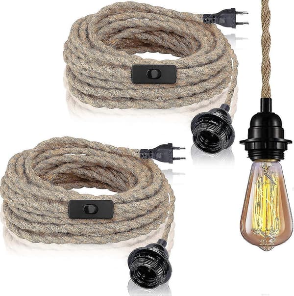 2-pack Pendant Lights with Switch, Hemp Rope with 4.5m Cable, E27 Socket for Hallway, Kitchen, Dining Table, Bar (Bulb Not Included)