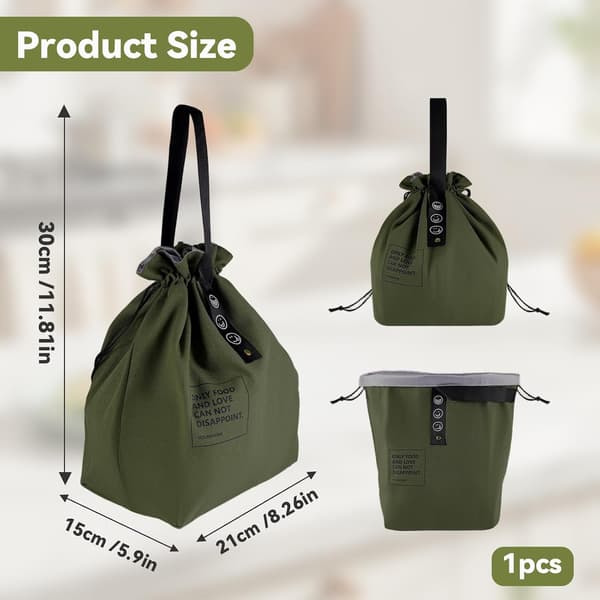 Insulated Lunch Bag, Small Drawstring Lunch Bags, Foldable Lunch Bag, Portable Reusable Bento Bag (Green)