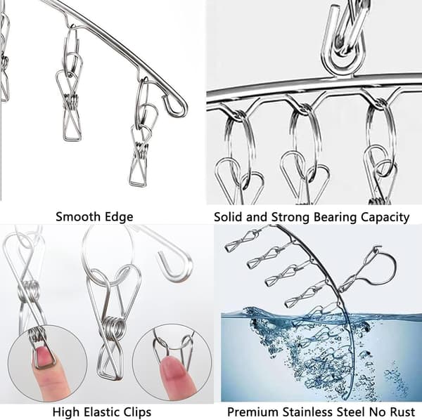 Stainless Steel Drying Rack with Windproof Hooks, Underwear Rack, Clothes Drying Rack with 8 Clips for Drying Socks, Towels (2-Pack)