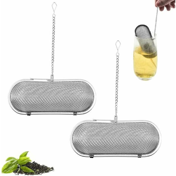 2 stk. løse tefiltre, te-infuser i rustfrit stål, tefilter i rustfrit stål med fine huller, te-infuser med kæde, til løse teer og malede krydderier