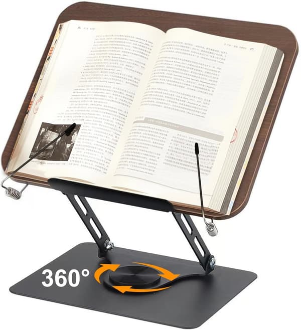 Bogstøtte til læsning, med 360° roterbar base, foldbart stativ, højdejusterbar til noder, tungere bøger, bærbar computer