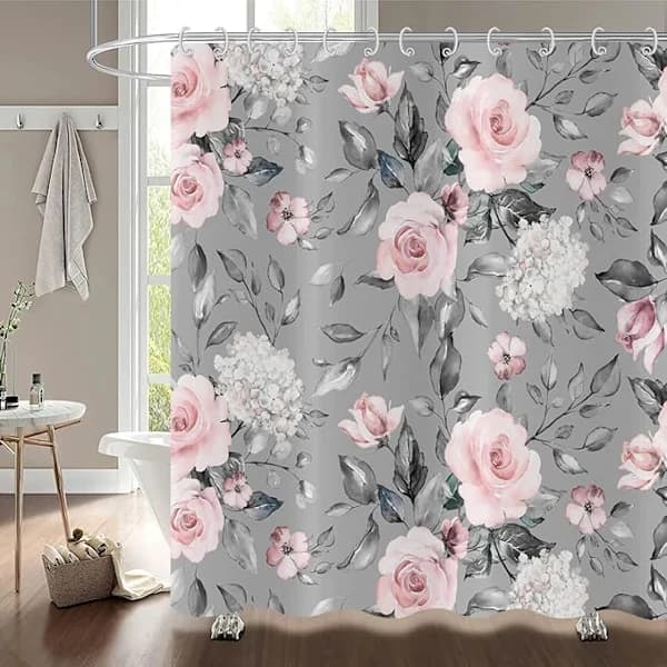 Blomstret dusjforheng Vanntett polyesterstoff til bad Rosa Grått Rosemønster 180 x 200 cm
