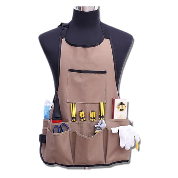 Garden Apron with Pockets, Oxford Work Apron, Adjustable Protective Apron for Garden Tools, Brown, 58X60CM