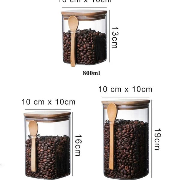 Glass jar with bamboo lid and spoon, airtight, transparent, square