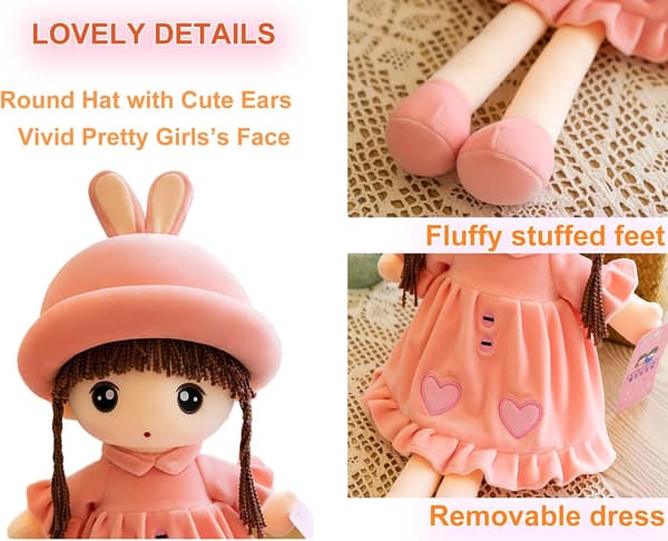 Rag doll plush toy with removable hat and clothes; a gift for birthdays or baptisms