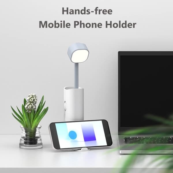 Skrivebordslampe med 3 lysstyrkenivåer, lamper med telefonholder (hvit)