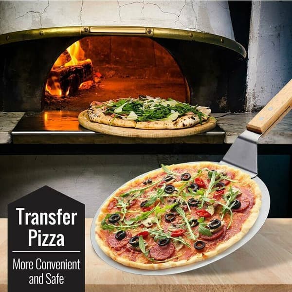 1 stk. 10-tommer rund pizzaspade i rustfrit stål med træhåndtag, pizzaskubber til pizzasten, brødskubber