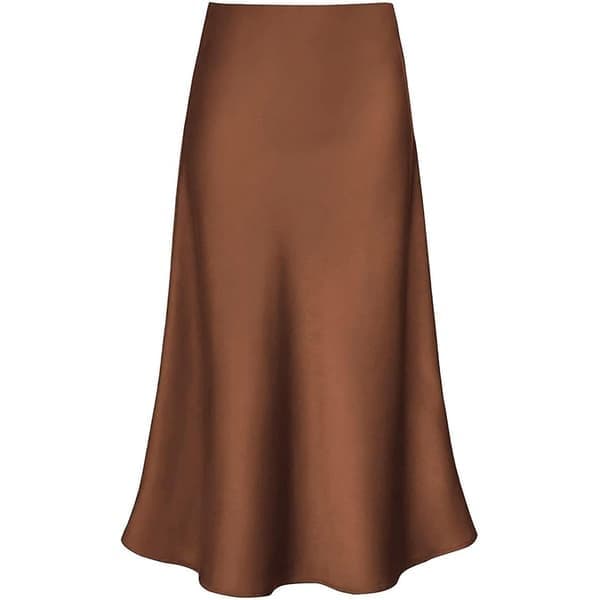 Lang silkesatengskjørt for kvinner Elegant høy midje utsvingt A-linje midiskjørt, kaffe, størrelse M coffee M