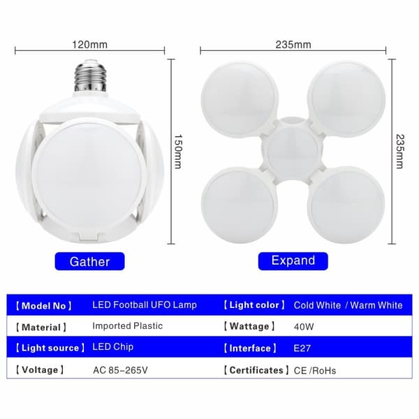 1 stk kaldhvit 40W E27 LED-fotballpære Deformerbar lampe N