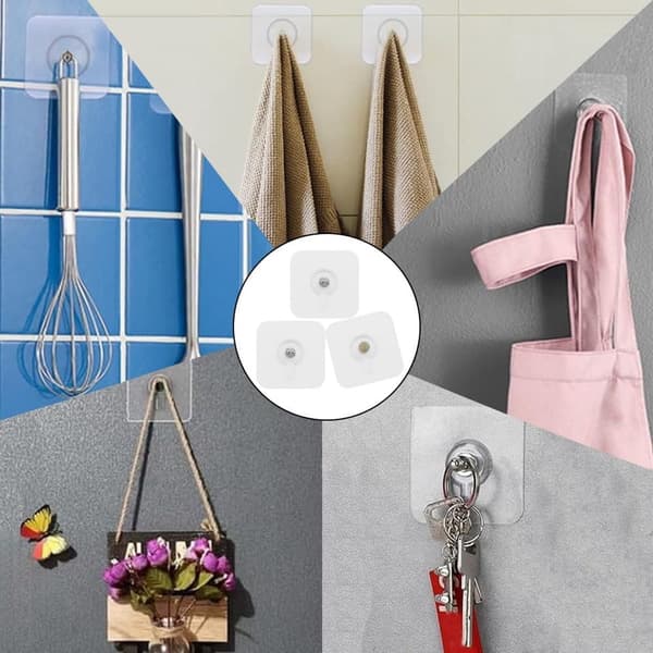 Self-adhesive hanging hooks, 12 pieces transparent, no drilling, for kitchen and bathroom