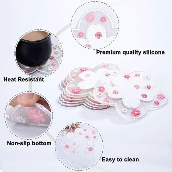 Sakura Coasters Cherry Blossom Silicone Cup Coasters Cute Flower Coasters Non-Slip Tea Tableware Coasters for Drinks
