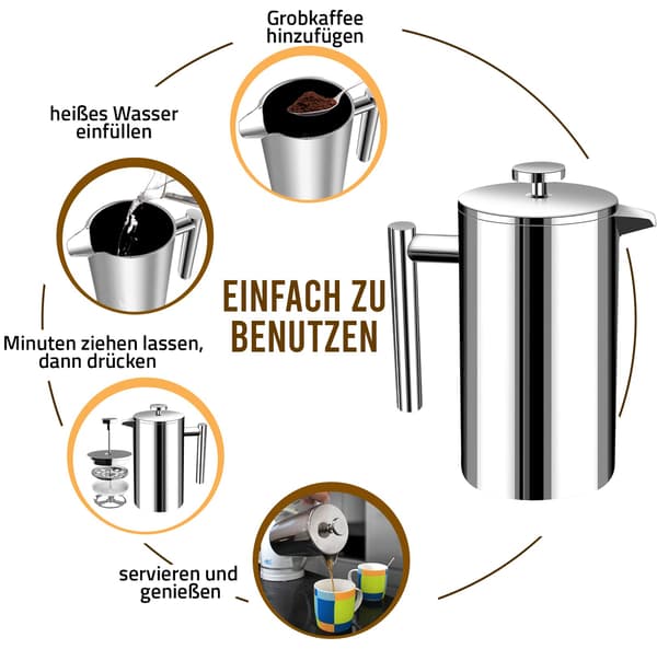 Fransk press kaffebrygger - 1000 ml - Kaffemaskin med trippelt rustfritt stålfilter og isolerte vegger