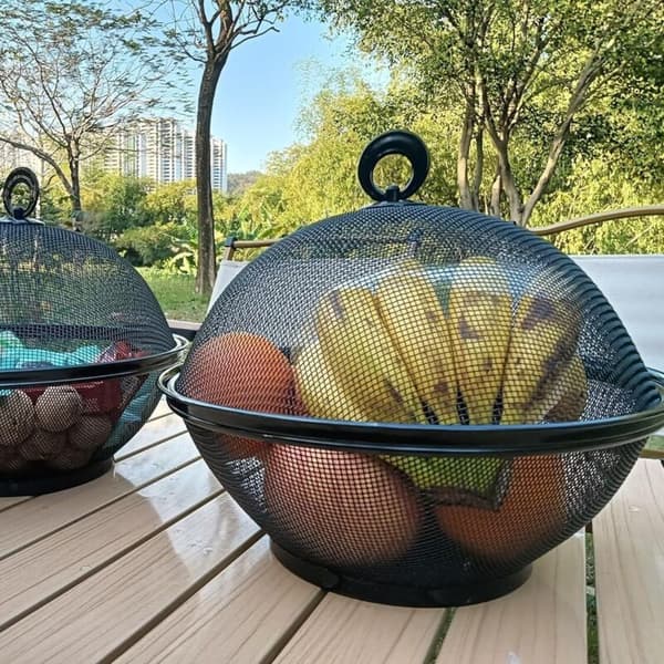 Fruit basket with mosquito net, fruit bowl, metal with lid, fruit fly repellent net, modern fruit storage, black