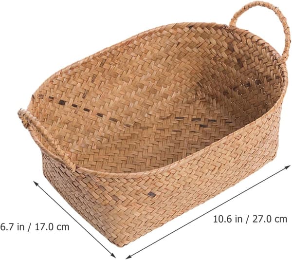 Retro Pastoral Style Storage Basket with Handle, Medium Khaki Seagrass and Iron Home Storage Organizer