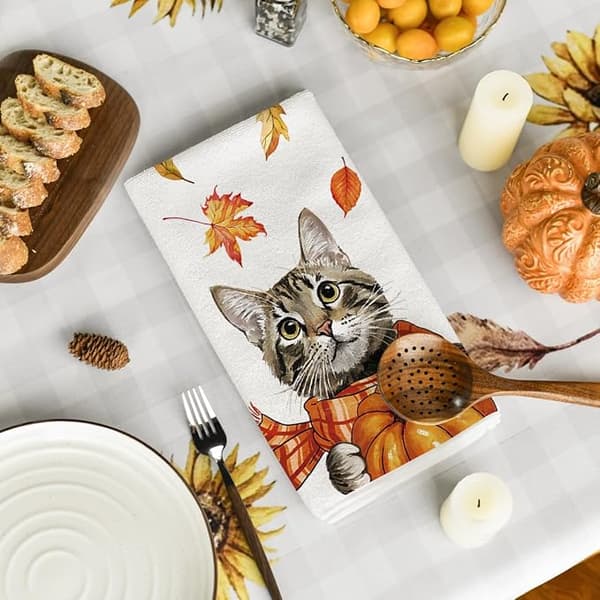 40x60cm Sett med 2 Katt Gresskar Hello Fall Gårdshus Thanksgiving Kjøkkenhåndklær Lønneblad Skjerf Dekor