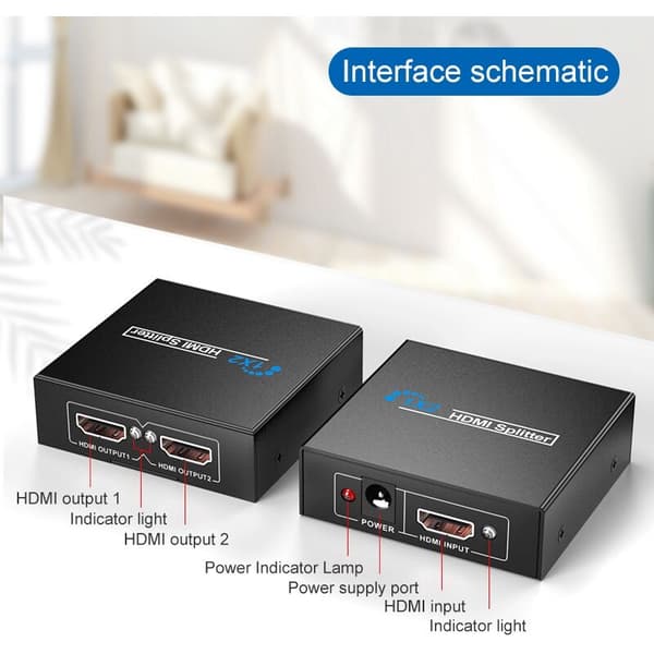1x2-splitter for 1 port til 2 dupliserte skjermer / USB-drevet splitter (én inngang til utganger)