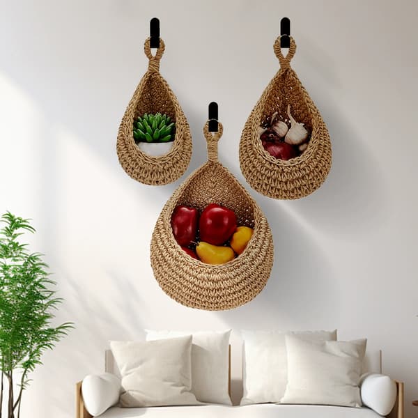 Hanging Wall Basket Teardrop Shaped Hanging Baskets Onion Basket Cape Bohemian Storage Fruit Wall Hooks for Kitchen 3 Sizes (Light Linen)