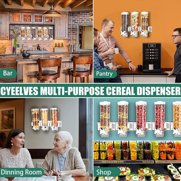 Triple Food Dispenser, Wall-Mounted Cereal Dispenser, Candy Dispenser Cereal Dispenser Kitchen Container with 3 Cups