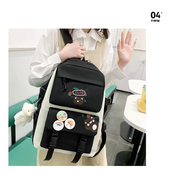 Five-Piece School Bag Large Capacity Shoulder Bag Includes Bear Pendant-558 Black