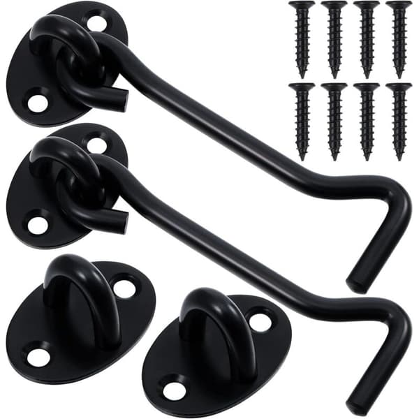 Storm Hooks in Stainless Steel, Black Eyelet Hooks, Durable Door Hooks with Fastening Screws for Garage Doors, Windows, Doors KLB