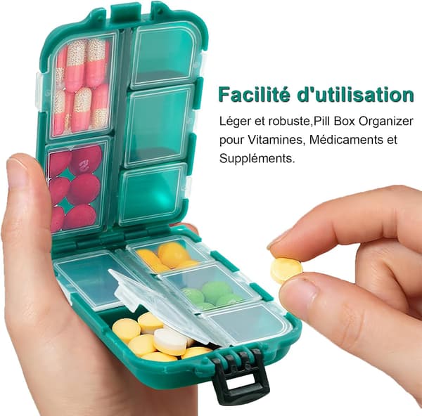 Pilleboks, reisemedisinboks med 10 rom, minitablettboks, pilleboks (svart)