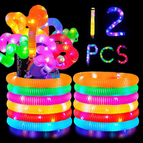12 stk Mini Pop Tubes Sensoriske Leker, Selvlysende Pop Tube, LED-lampe