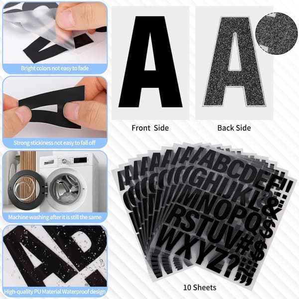 10 Sheets Iron-On Letters - PU - Suitable for Printing on Fabrics and Knitted T-Shirts, DIY - Black