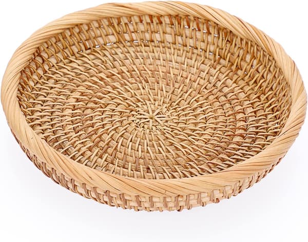 Rund Rattanvävd Serveringsbricka 19cm Soffbords Dekorativ Displaybricka Vardagsrum Skrivbordsorganiseringsbricka för Parfym, Ljus