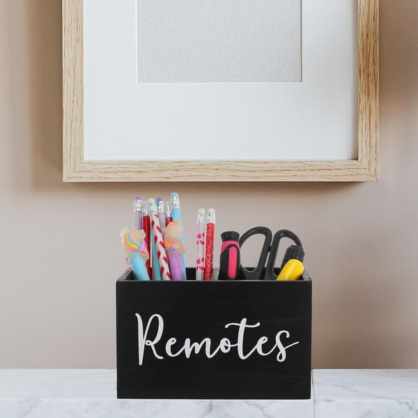 Wooden Remote Control Holder with Multiple Compartments, Desktop Storage Box, Rustic Black Organizer
