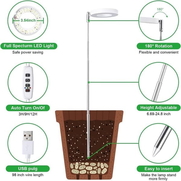 15W Adjustable Grow Light with Three Heads and Red and Blue Light, 3.5 inches