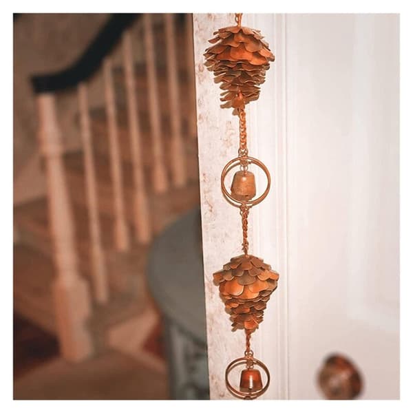 Pine Cone Rain Chain, Decorative Pine Cone Hanging Chain with Antique Graffiti, Metal Iron Bells