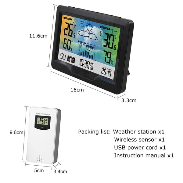 Fargeværstasjon Trådløs med Sensor, Termometer Hygrometer, Svart