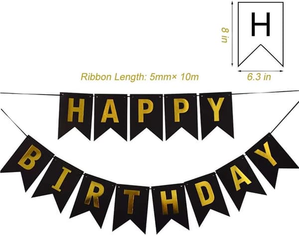 Sort HAPPY BIRTHDAY-banner med 5 stk. guldkonfettiballoner