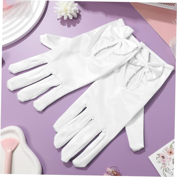Elegante satinbrudehandsker, håndledslange, til teselskab og aftenfest, med smart sløjfedesign