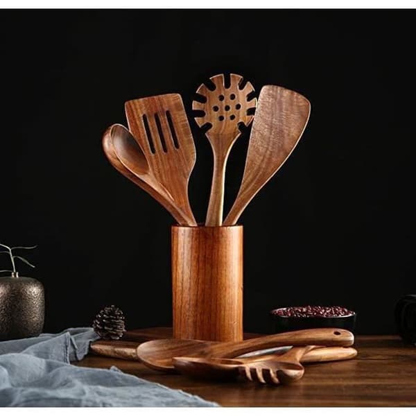 Køkkenredskaber - Sæt med 8 - Teaktræ - Non-stick - Moderne design