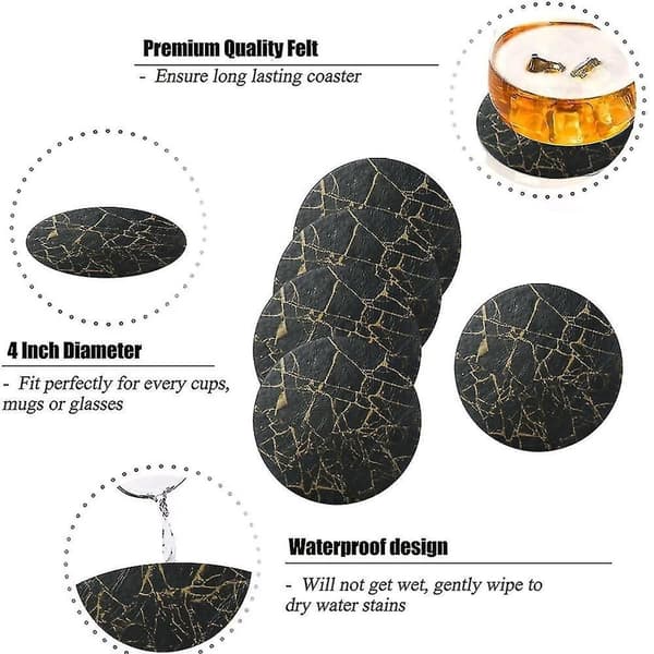 Black and Gold Marble Leather Coaster Splash Guard, Durable and Non-Slip KLB