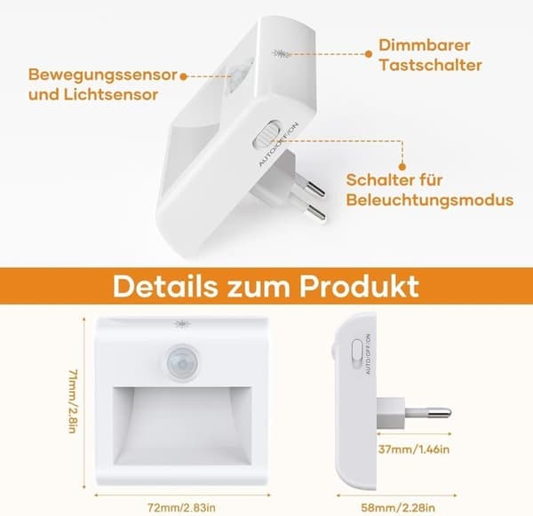 2-pack LED-nattlampa med rörelsesensor och dagsljussensor – dimbar, automatisk på/av, varmvitt ljus för hall, trappa, sovrum, kök